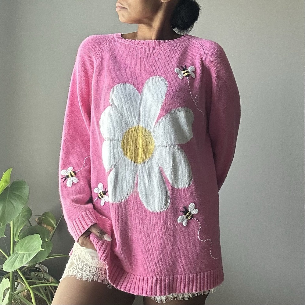Quacker Factory Spring Sweater Women's Plus Size 1X Pink Flower Bumblebee READ